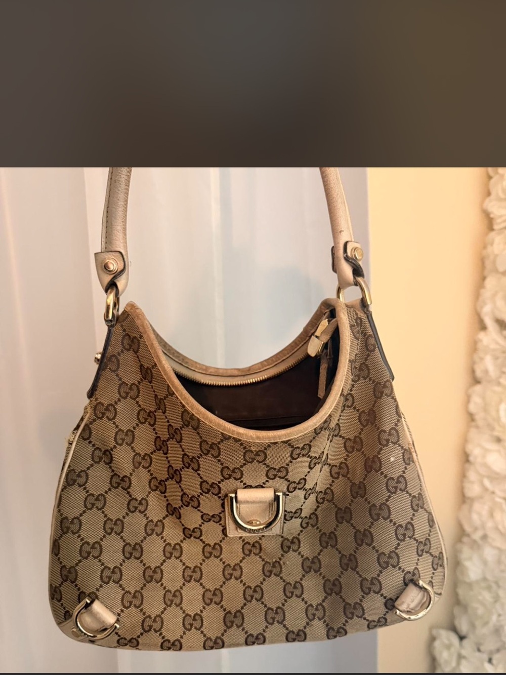 Gucci Beige GG Monogram Shoulder Bag with Leather Trim
